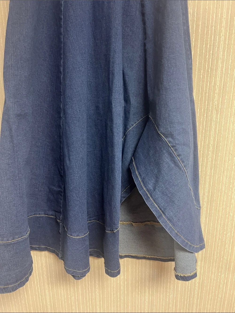 S Flying Tomato Dark Blue Paneled Denim Midi Skirt
